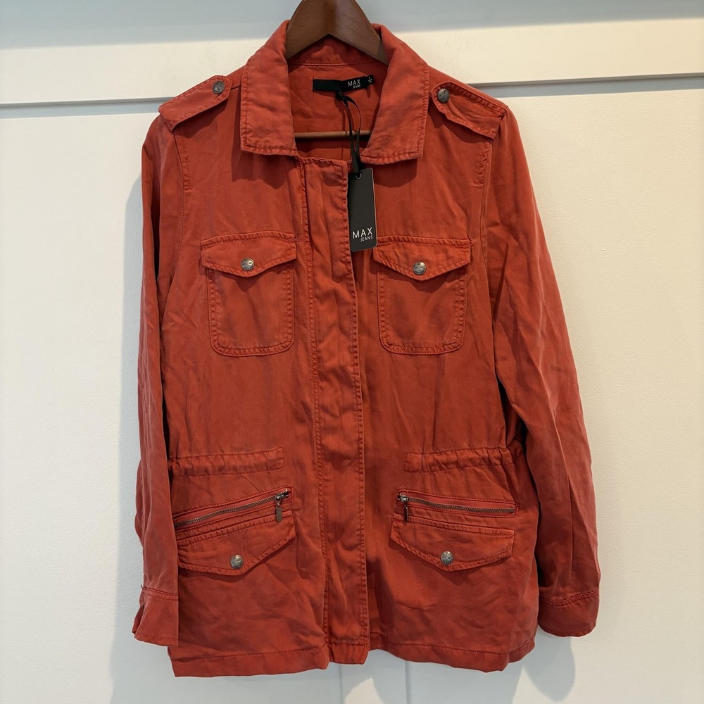 NWT Max Jeans Utility Jacket Womens Medium Orange Textured Pockets Tencel Soft